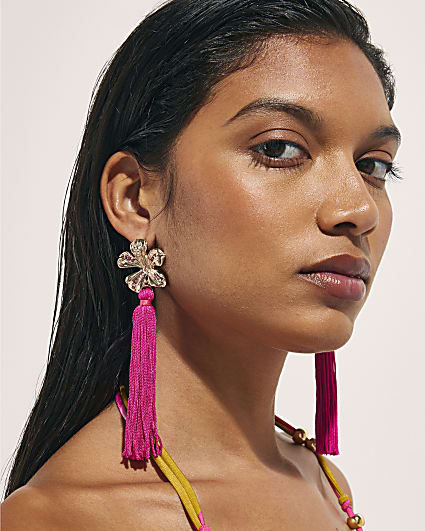 Pink Tassel Flower Earrings