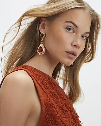 Gold Hammered Stone Drop Earrings