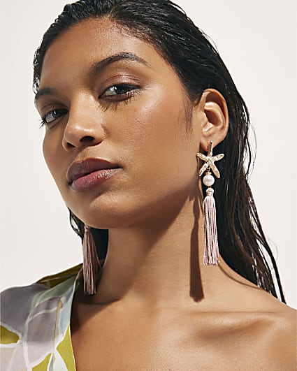 Pink Tassel Starfish Stud Earrings