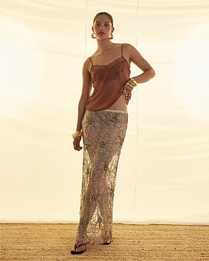 Brown Sleeveless Lace Cami Top