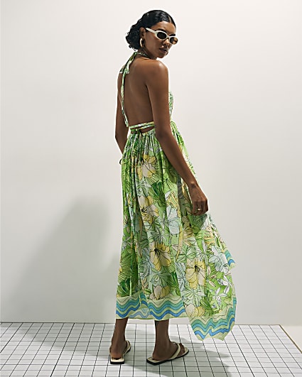 Green Cotton Tropicana Plunge Maxi Dress