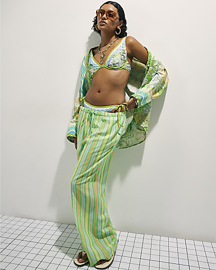 Green Cotton Neon Stripe Trousers