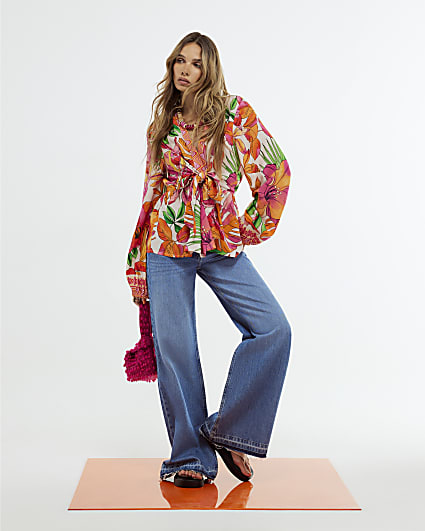 Pink Tropicana Print Tie Front Blouse