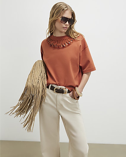 Orange Short Sleeve Beaded Cut Out T-shirt