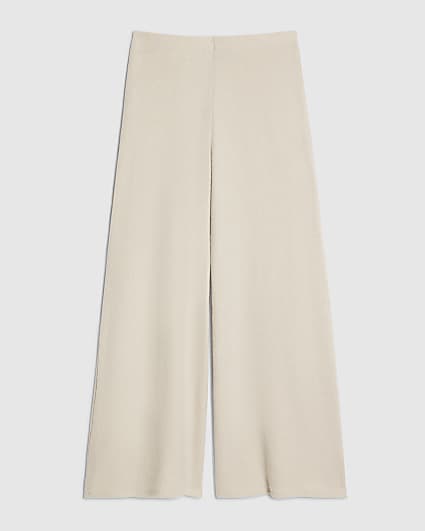 Petite Beige Cosy Wide Leg Ribbed Trousers
