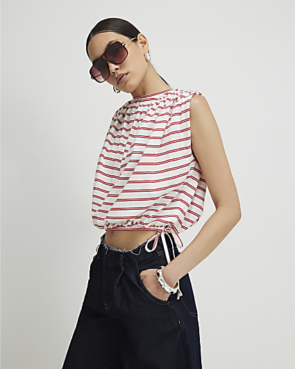 Red Sleeveless Striped Bubble Hem Top