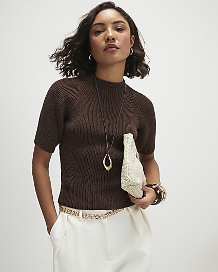 Brown Knitted Short Sleeve Top