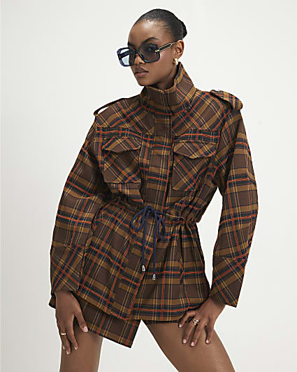 Brown Check Funnel Neck Parka Jacket