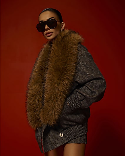 Grey Faux Fur Collar Herringbone Coat