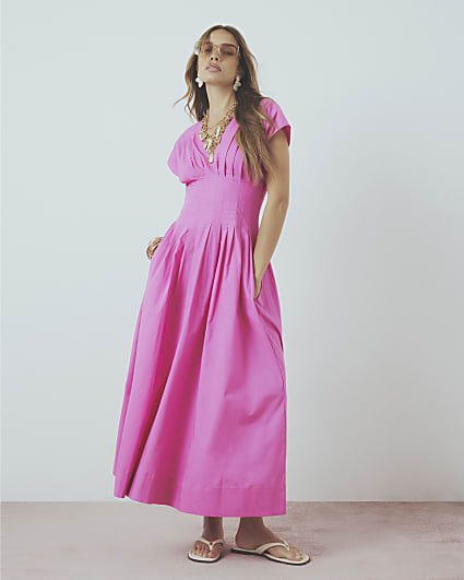Pink Cotton Pleated Waist Midi Dress