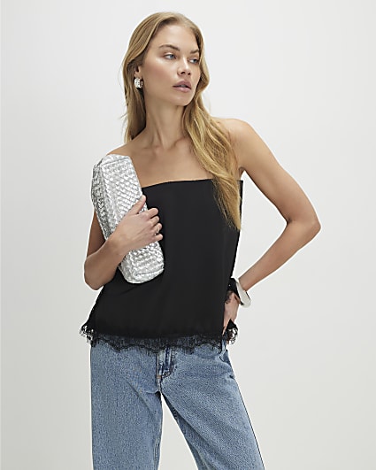 Black Lace Trim Bandeau Tunic Top