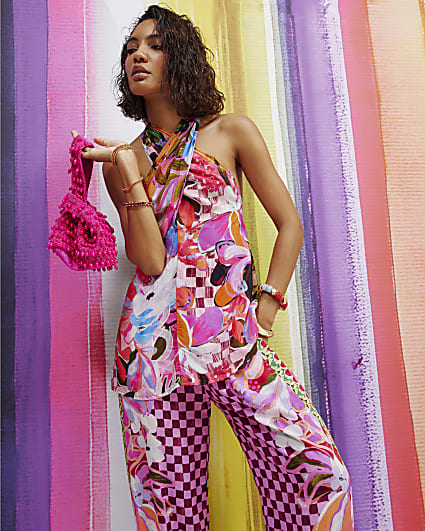 Pink Printed Halter Neck Top