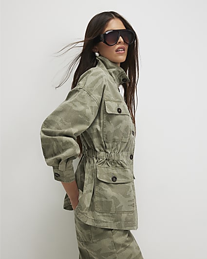 Khaki Camo Print Funnel Neck Jacket