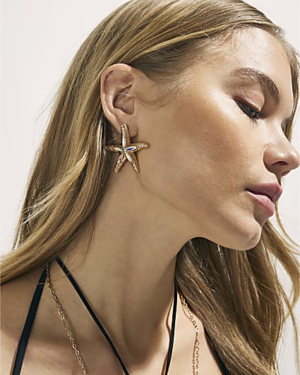 Gold Embellished Starfish Stud Earrings