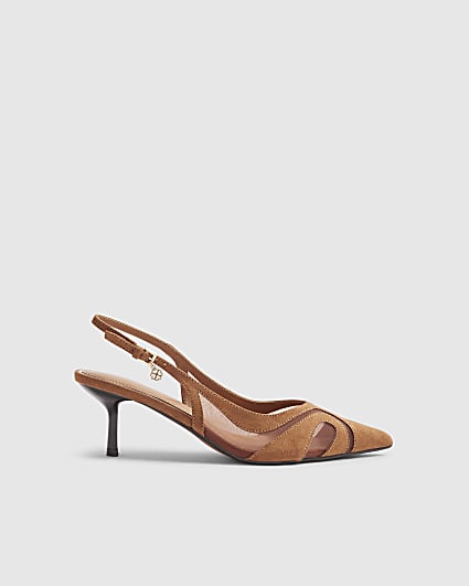 Brown Mesh Splice Slingback Court Heels