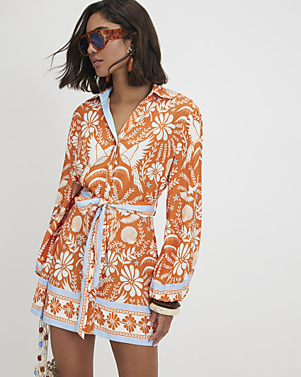 Orange Cotton Floral Print Belted Shirt Dress