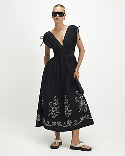 Black Cutwork Hem Midi Dress