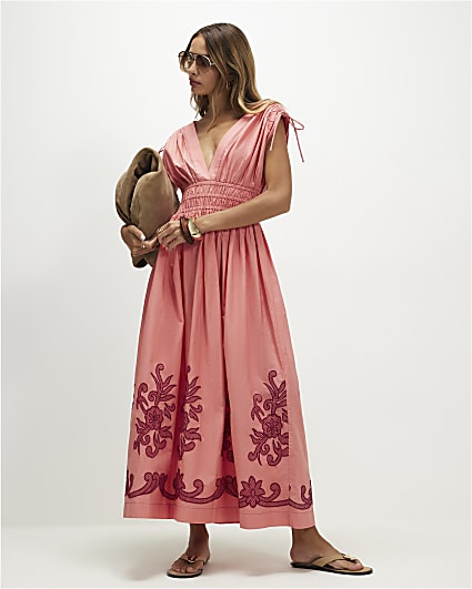 Pink Cutwork Hem Midi Dress