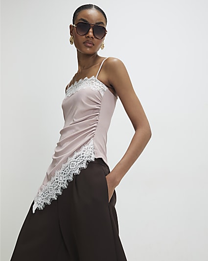 Pink Sleeveless Lace Trim Cami Top