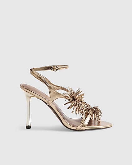 Rose Gold Barely There Pom Pom Heeled Sandals