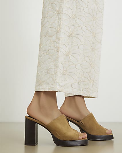 Beige Faux Suede Heeled Mule Sandals