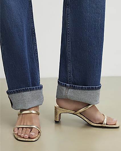 Gold Croc Strappy Heeled Mule Sandals