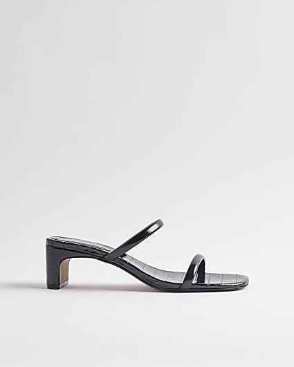 Black Strappy Croc Heeled Mule Sandals