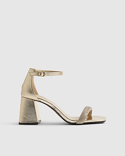 Gold Diamante Strap Closed Back Block Heels