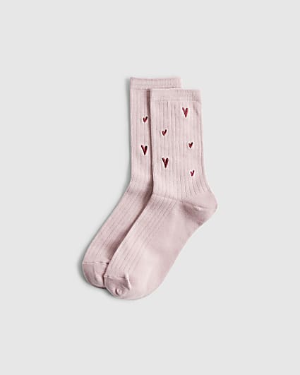 Pink Embroidered Heart Socks