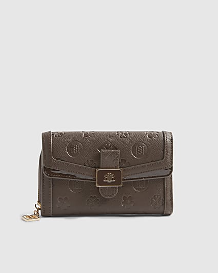Brown Monogram Print Panelled Tab Purse
