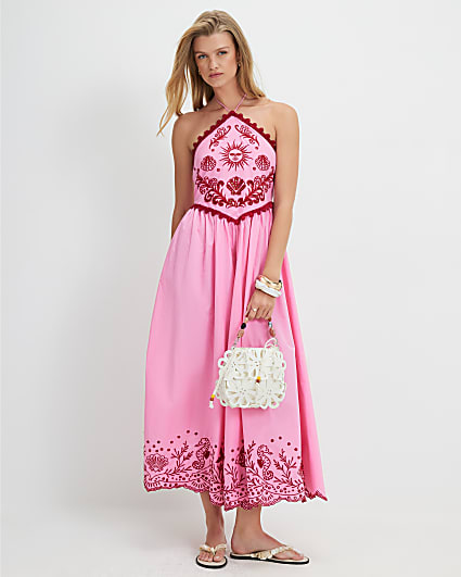 Pink Halter Cutwork Hem Midi Dress