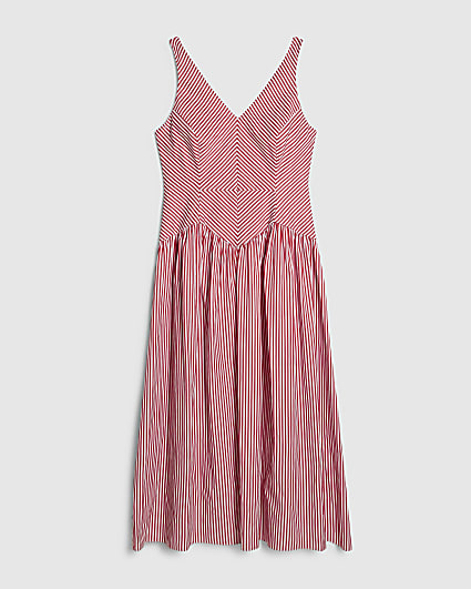Red Petite V Neck Stripe Midi Dress