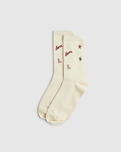 Cream Embroidered Rodeo Socks