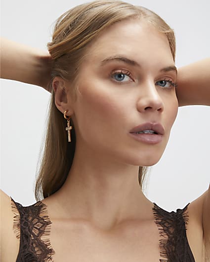 Gold Diamond Simulant Cross Hoop Earrings