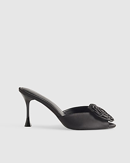 Black Satin Rose Mule Heeled Sandals