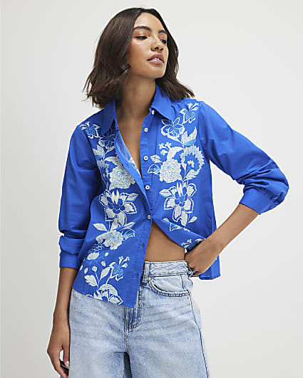 Blue Cotton Floral Long Sleeve Shirt