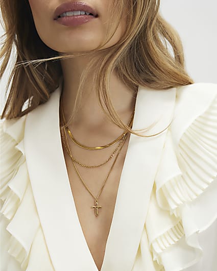 Gold Cross Multirow Necklace