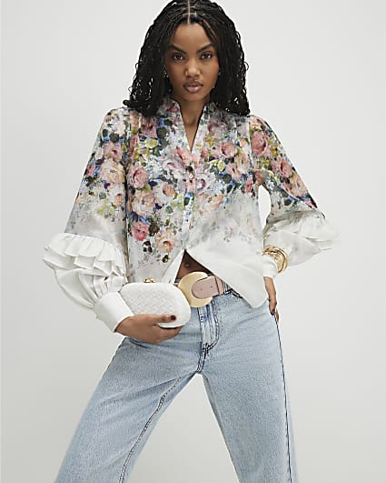 White Floral Ruffle Sleeve Blouse