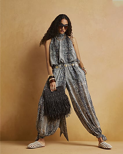 Grey Snake Chiffon Balloon Trousers