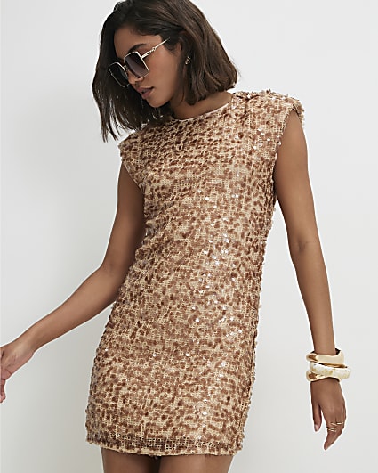Beige Sequin Mini Dress