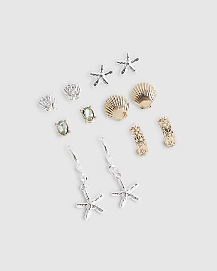 Mixed metal shell starfish multipack earrings