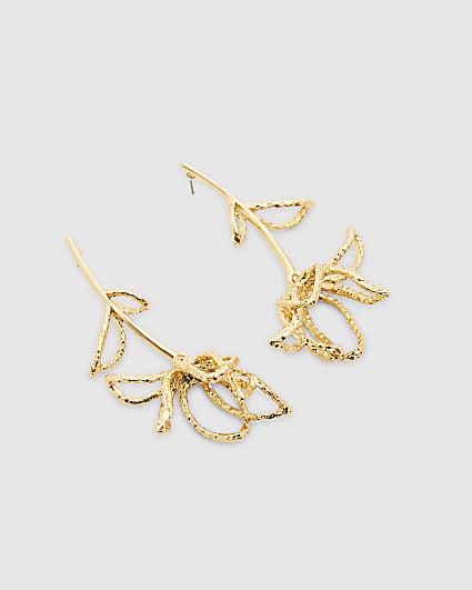 Gold Long Stem Rose Earrings