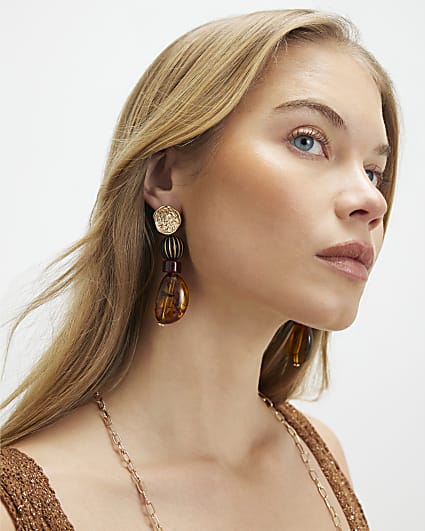 Brown Stone Drop Earrings