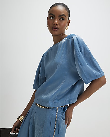 Blue Short Sleeve Shimmer Tailored Top