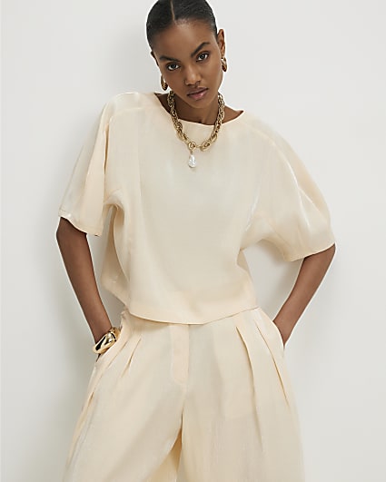Cream Short Sleeve Shimmer Tailored Top
