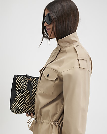 Beige Funnel Neck Tie Waist Bomber Jacket
