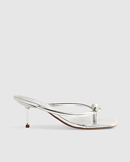 Silver Gem Toe Thong low heel Sandals