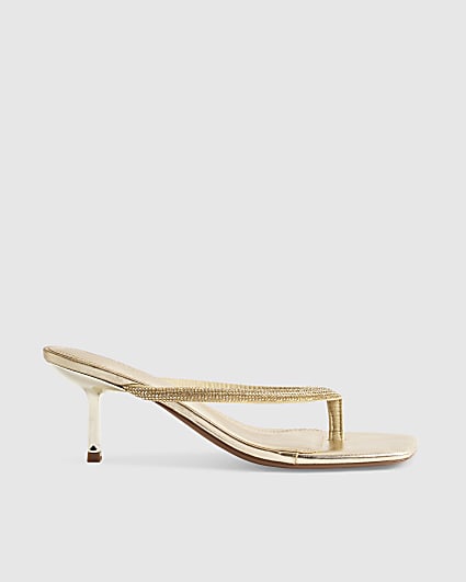 Gold Toe Thong Diamante Heeled Sandals