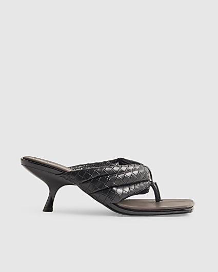 Black Toe Thong Woven Kitten Heel Sandals