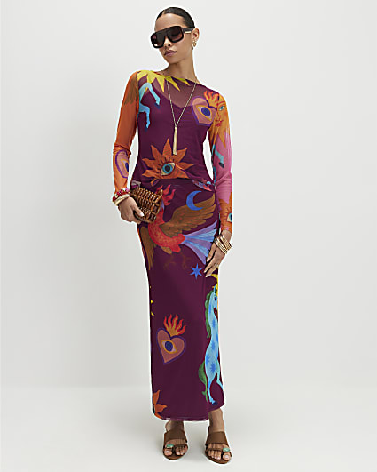 Brown Sun Print Mesh Maxi Skirt